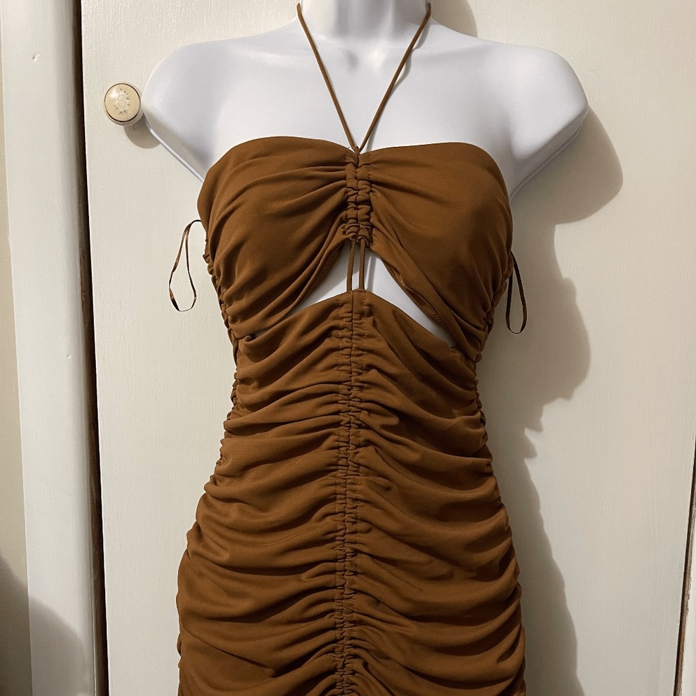 ZARA Dark brown ruched dress with front cut out detail